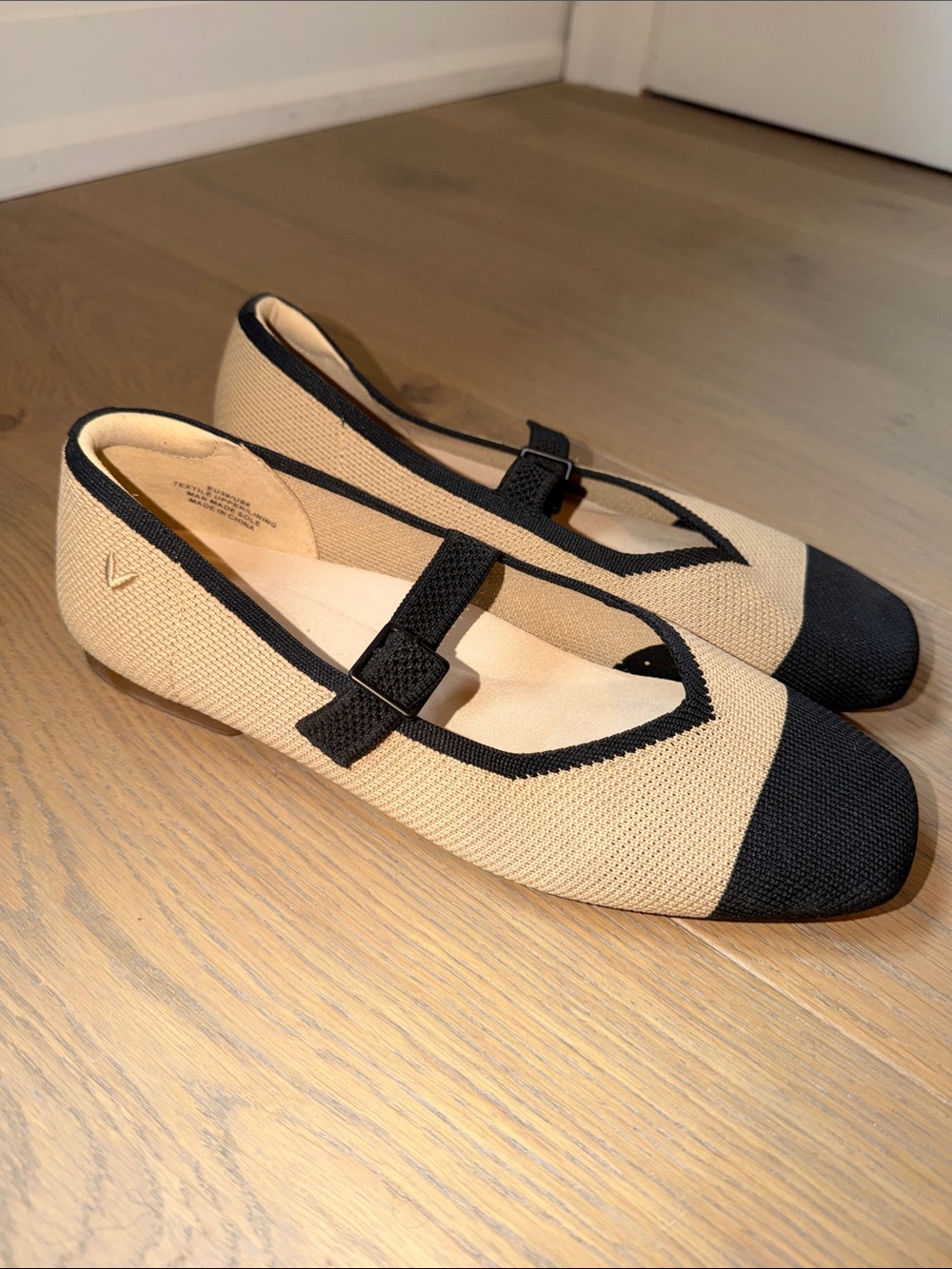 Beige and Black Mary Jane Flats with Contrast Toe and Strap